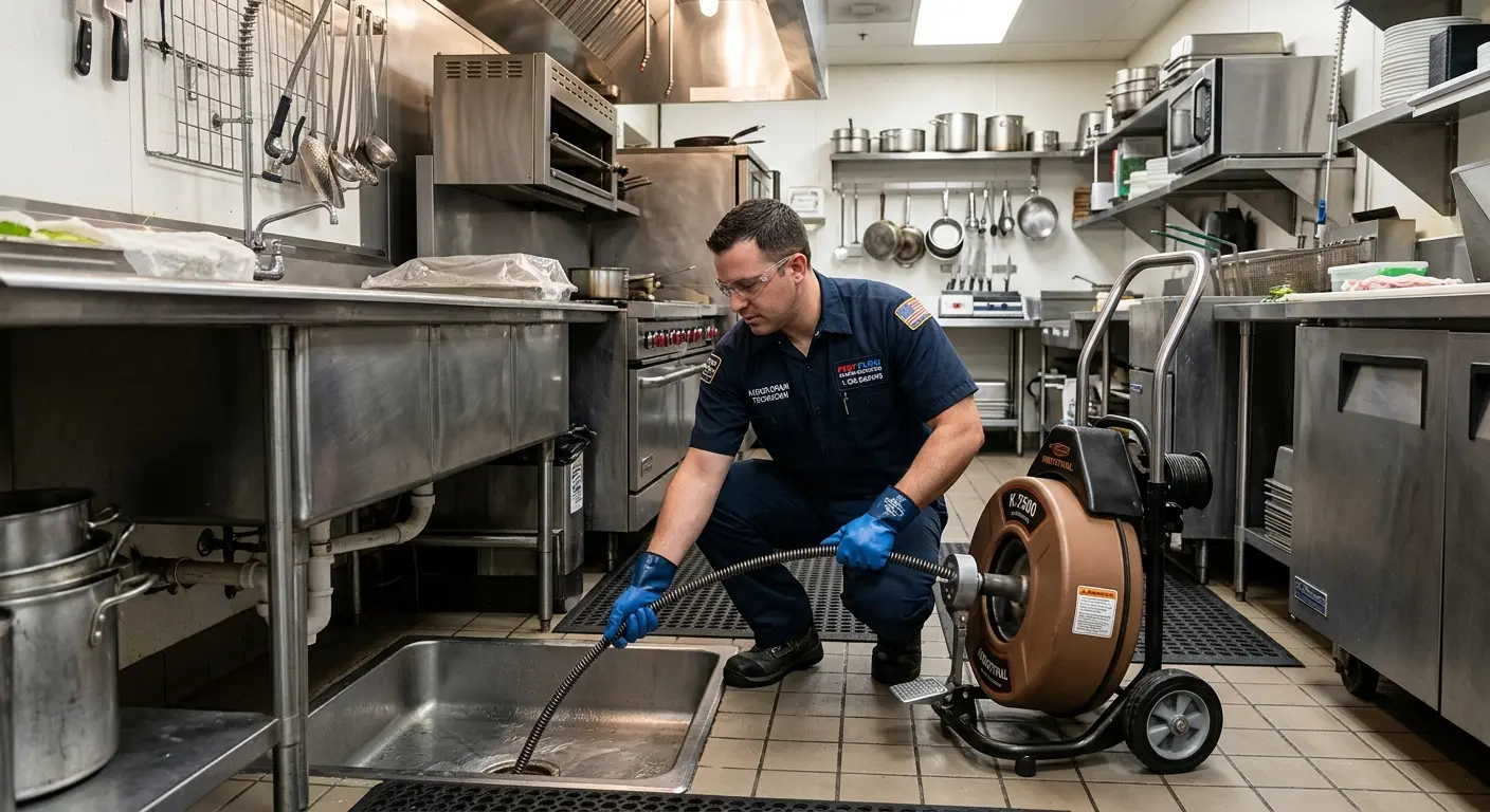 Commercial drain cleaning service in a restaurant kitchen in Valencia West