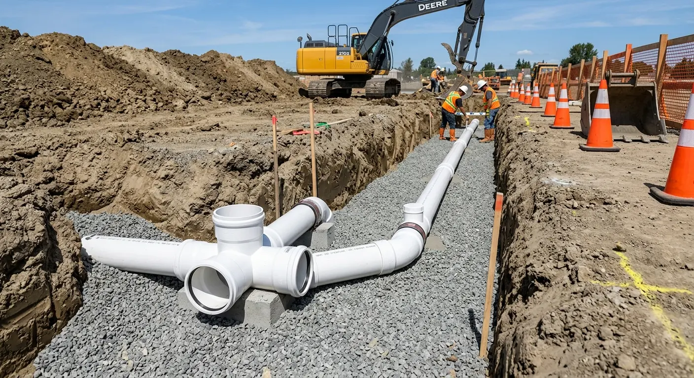 New PVC sewer pipe installation in open trench for Sewer Backup in Valencia West