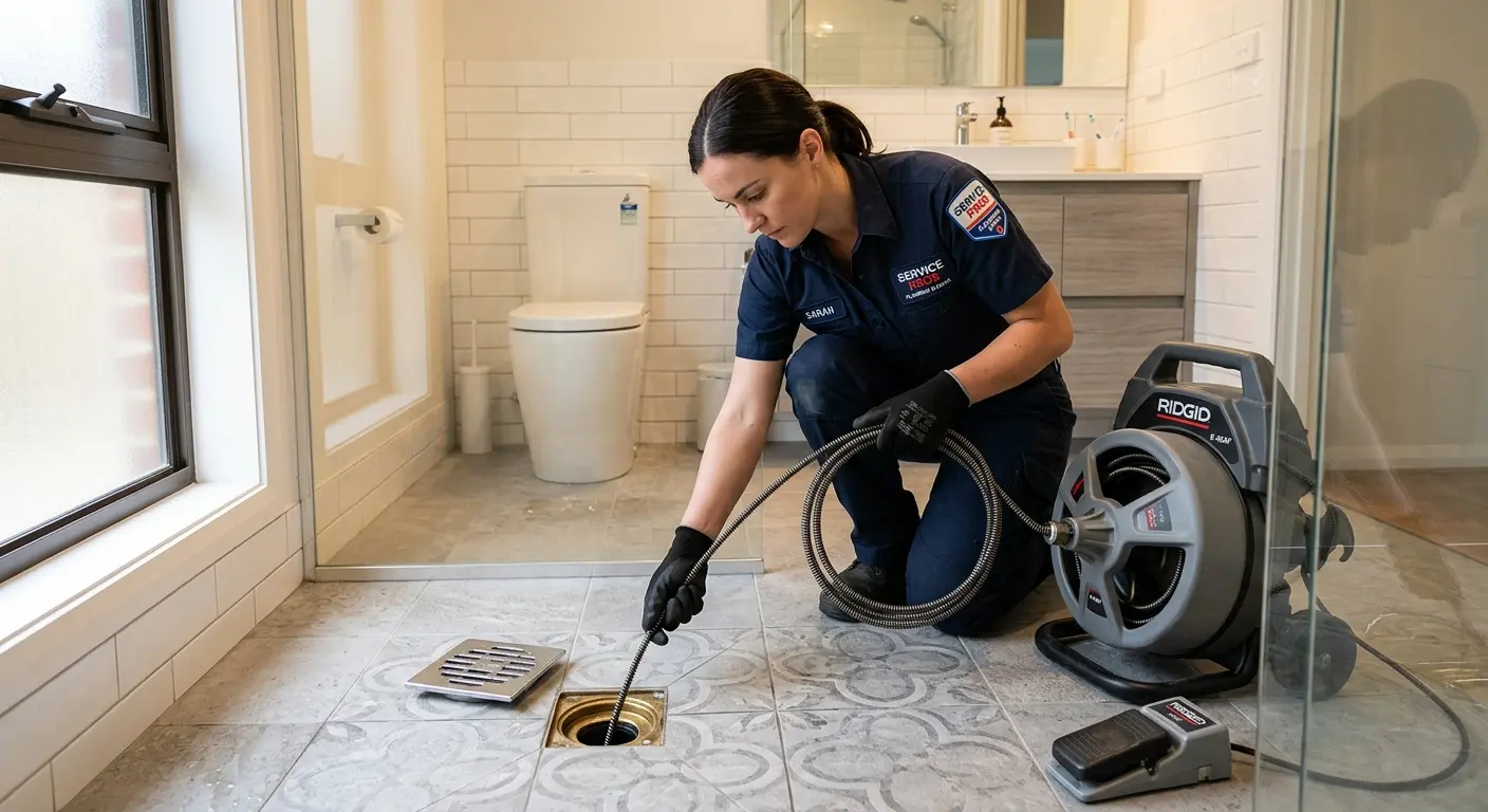 Technician clearing a bathroom floor drain for Sewer Line Replacement in Valencia West